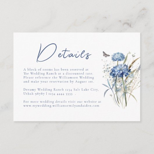 Dusty Blue Wildflower Elegant Wedding Details Informatiekaartje (Voorkant)