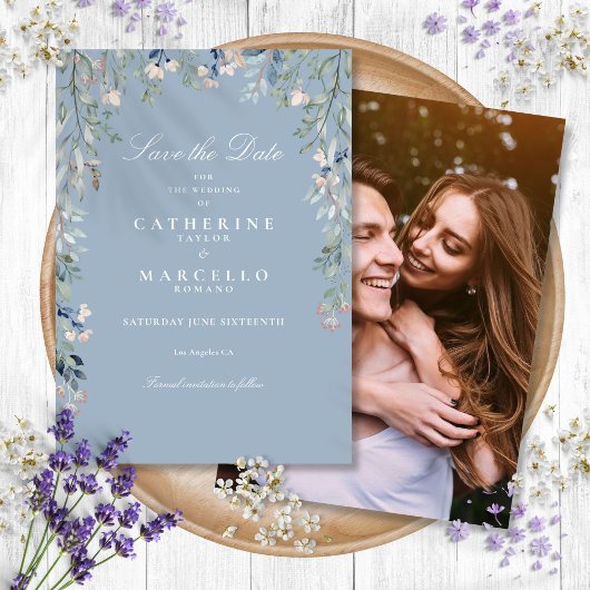 Dusty Blue Wildflower Floral Photo Wedding Save The Date