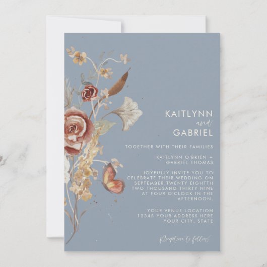 Dusty Blue Wildflower Floral Waterverf Wedding Kaart (Voorkant)