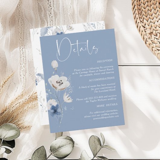 Dusty Blue Wildflower Floral Wedding Details Informatiekaartje