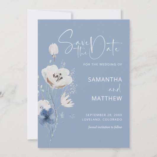 Dusty Blue Wildflower Floral Wedding Save The Date (Voorkant)