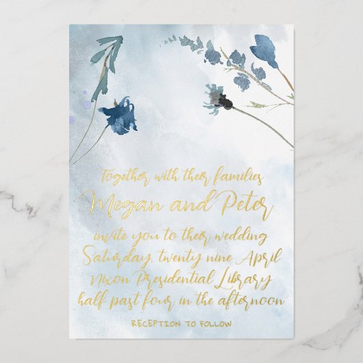 Dusty Blue Wildflower Folie Calligraphy Fine Art Uitnodiging (Voorkant)
