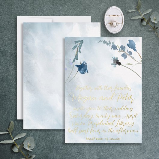 Dusty Blue Wildflower Folie Calligraphy Fine Art Uitnodiging