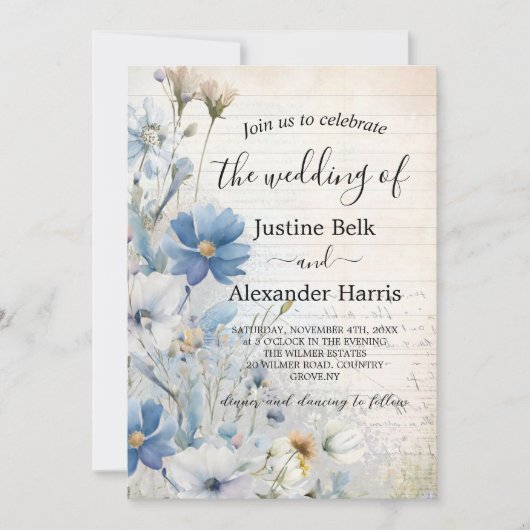 Dusty Blue Wildflower Foto QR Code Wedding Kaart (Voorkant)