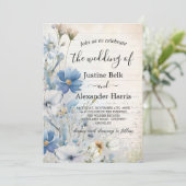 Dusty Blue Wildflower Foto QR Code Wedding Kaart (Staand voorkant)