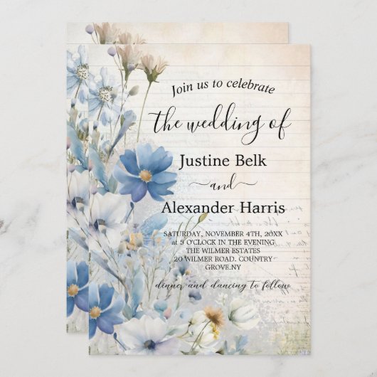 Dusty Blue Wildflower Foto QR Code Wedding Kaart (Voorkant / Achterkant)