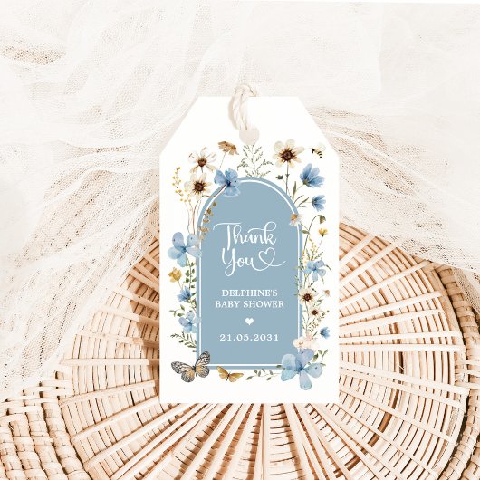Dusty Blue Wildflower Garden Baby shower Favoriete Cadeaulabel