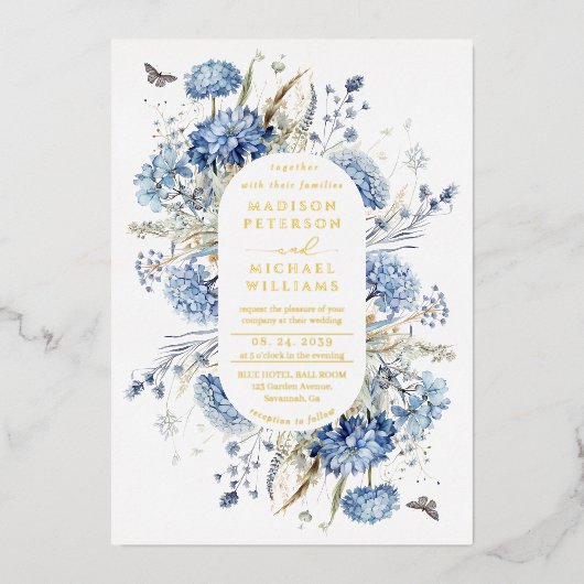 Dusty Blue Wildflower Garden Wedding Gold Folie Uitnodiging (Voorkant)