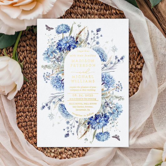 Dusty Blue Wildflower Garden Wedding Gold Folie Uitnodiging