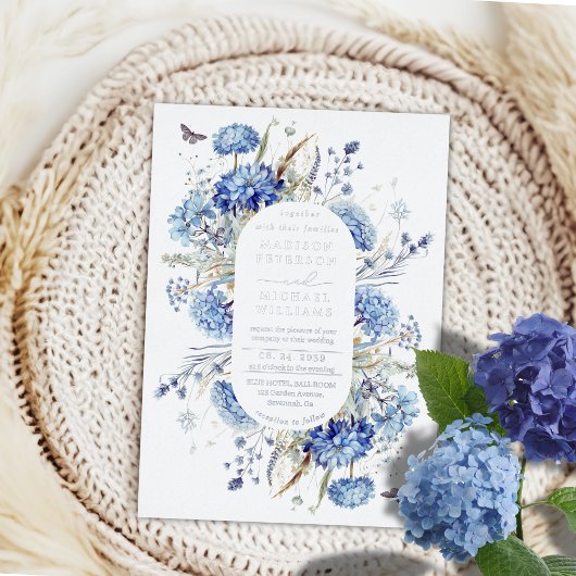 Dusty Blue Wildflower Garden Wedding Silver Folie Uitnodiging