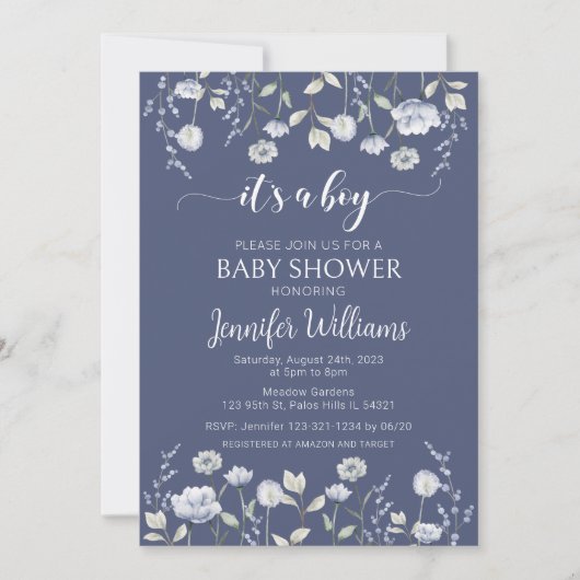 Dusty blue wildflower is een jongen baby shower kaart (Voorkant)