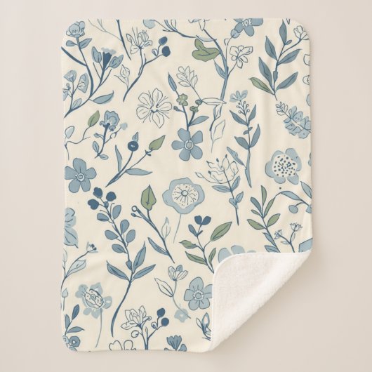 Dusty Blue Wildflower Meadow Botanical Pattern Sherpa Deken (Voorkant)