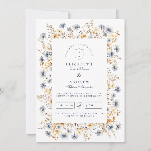 Dusty Blue Wildflower Meadow Wedding Kaart (Voorkant)