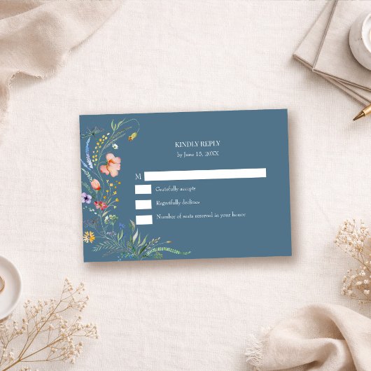 Dusty Blue Wildflower Meadow Wedding RSVP Card Kaartje