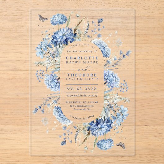 Dusty Blue Wildflower Modern Elegant Wedding Acryl Uitnodigingen (Voorkant)