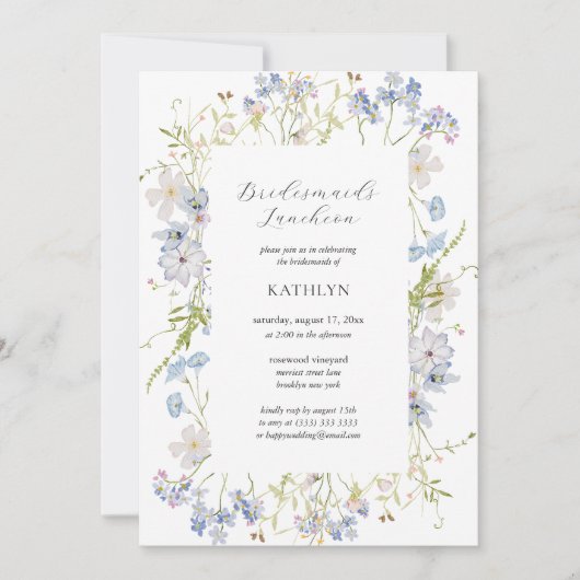 Dusty Blue Wildflower Moderne Bruidsmeisjes Lunche Kaart (Voorkant)