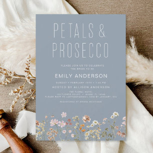 Dusty Blue Wildflower Petals & Prosecco Uitnodigin