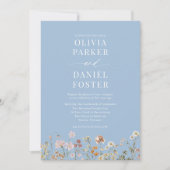 Dusty Blue Wildflower QR Code Foto Boho Huwelijk Kaart (Voorkant)