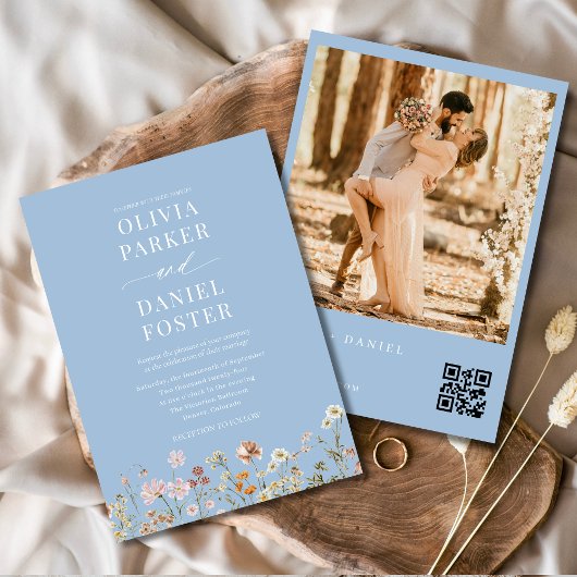 Dusty Blue Wildflower QR Code Foto Boho Huwelijk Kaart