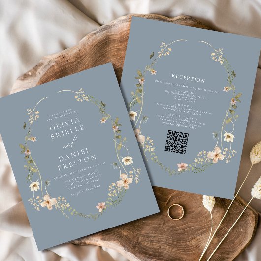 Dusty Blue Wildflower QR Code Tuin Trouwen Flyer