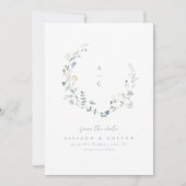 Dusty Blue Wildflower Rustic Boho Bruiloft monogra Save The Date (Voorkant)