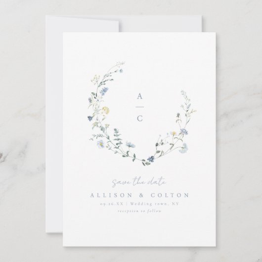 Dusty Blue Wildflower Rustic Boho Bruiloft monogra Save The Date (Voorkant)