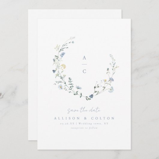 Dusty Blue Wildflower Rustic Boho Bruiloft monogra Save The Date (Voorkant / Achterkant)