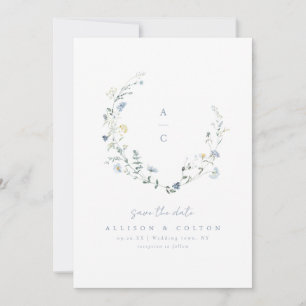 Dusty Blue Wildflower Rustic Boho Bruiloft monogra Save The Date