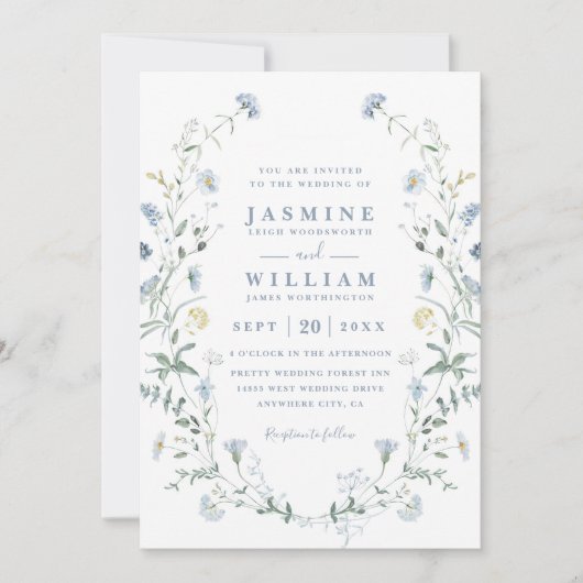 Dusty Blue Wildflower Rustic Boho QR Code Wedding Kaart (Voorkant)