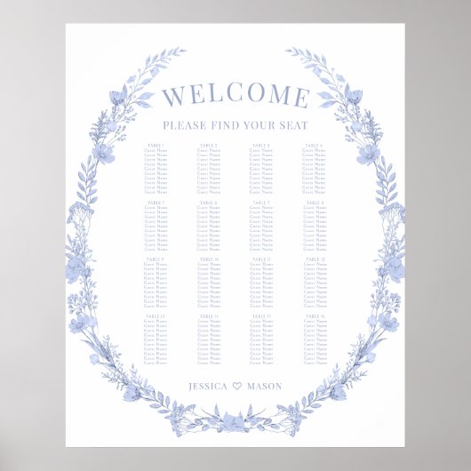 Dusty Blue Wildflower Rustic Wedding Seating Chart Poster (Voorkant)