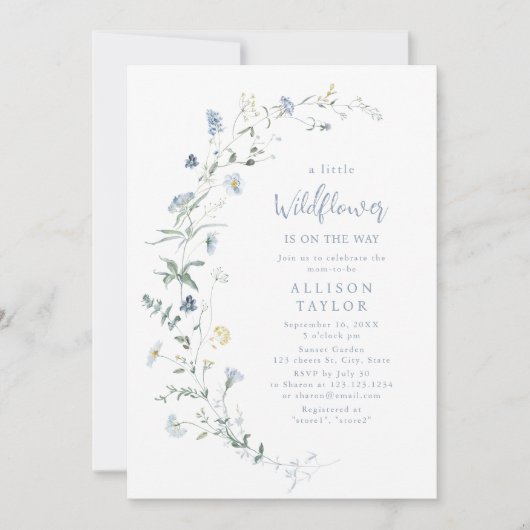 Dusty Blue Wildflower rustiek Boho Baby shower Kaart (Voorkant)
