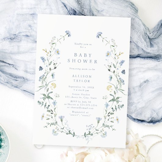 Dusty Blue Wildflower rustiek Boho Baby shower Kaart