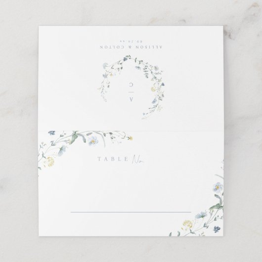 Dusty Blue Wildflower rustieke Boho bruiloft Monog Plaatskaartje (Buitenkant ongevouwen)