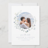 Dusty Blue Wildflower rustieke Boho koppels foto Save The Date (Voorkant)