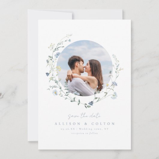 Dusty Blue Wildflower rustieke Boho koppels foto Save The Date (Voorkant)