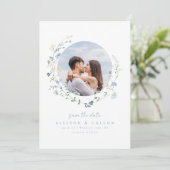 Dusty Blue Wildflower rustieke Boho koppels foto Save The Date (Staand voorkant)
