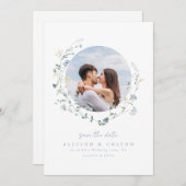 Dusty Blue Wildflower rustieke Boho koppels foto Save The Date (Voorkant / Achterkant)