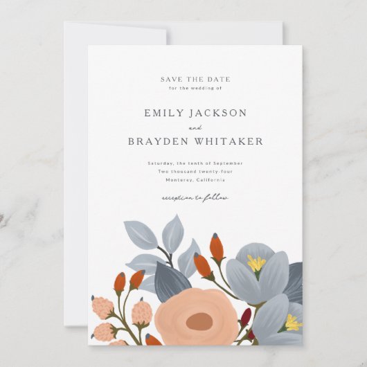 Dusty Blue Wildflower Save the Date Kaart (Voorkant)