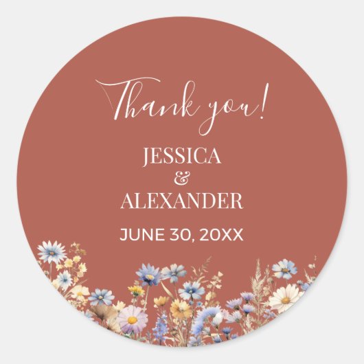 Dusty Blue Wildflower Terracotta bruiloft Dank u Ronde Sticker (Voorkant)