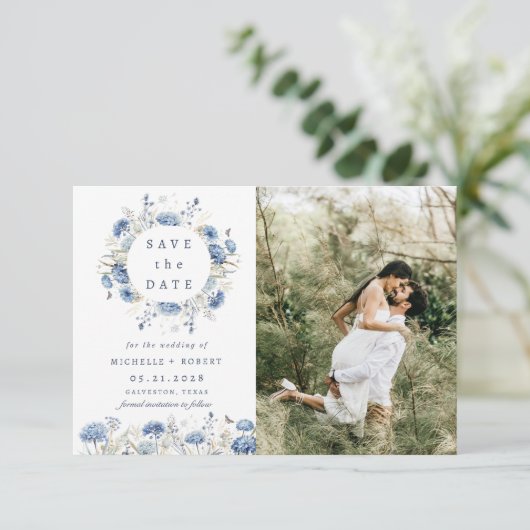 Dusty Blue Wildflower twee foto's Sla de datum op Kaart (Staand voorkant)