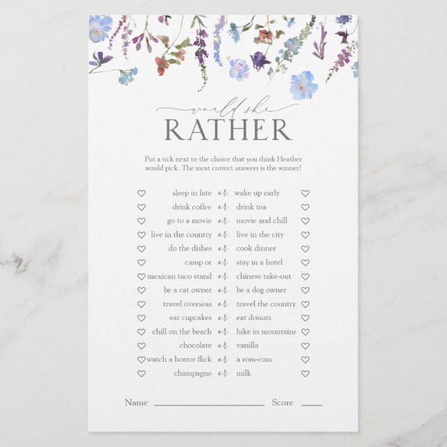 Dusty Blue Wildflower Vrijgezellenfeest Game (Voorkant)