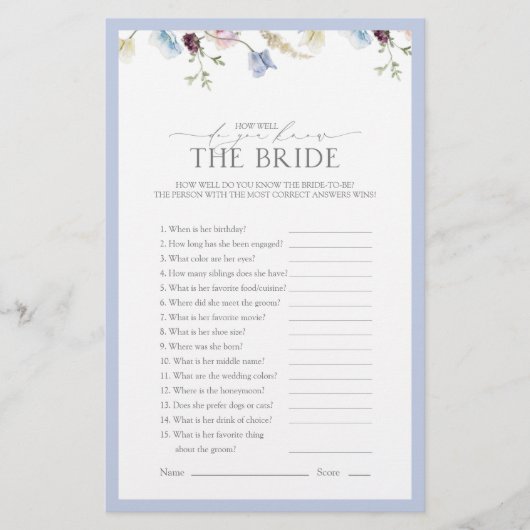 Dusty Blue Wildflower Vrijgezellenfeest Game (Voorkant)