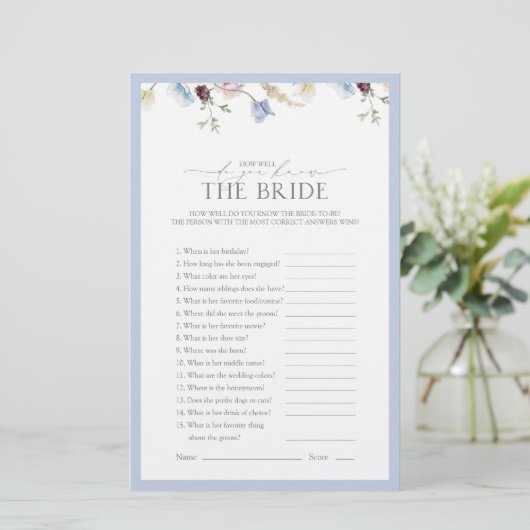 Dusty Blue Wildflower Vrijgezellenfeest Game (Staand voorkant)