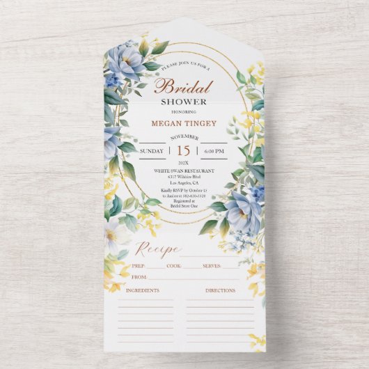 Dusty Blue Wildflower Vrijgezellenfeest Recipe All In One Uitnodiging (Binnen)