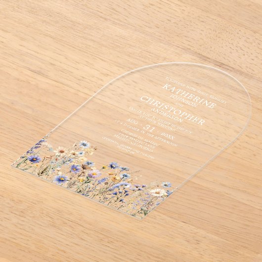 Dusty Blue Wildflower Waterverf Arch Wedding Acryl Uitnodigingen (Laagn)