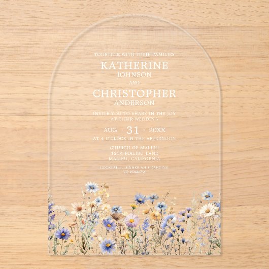 Dusty Blue Wildflower Waterverf Arch Wedding Acryl Uitnodigingen (Voorkant)