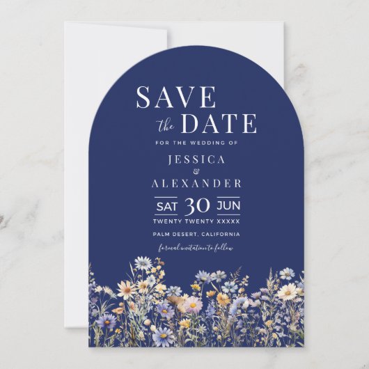 Dusty Blue Wildflower Wedding Arch Navy Save Date Kaart (Voorkant)