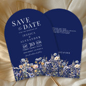 Dusty Blue Wildflower Wedding Arch Navy Save Date Kaart