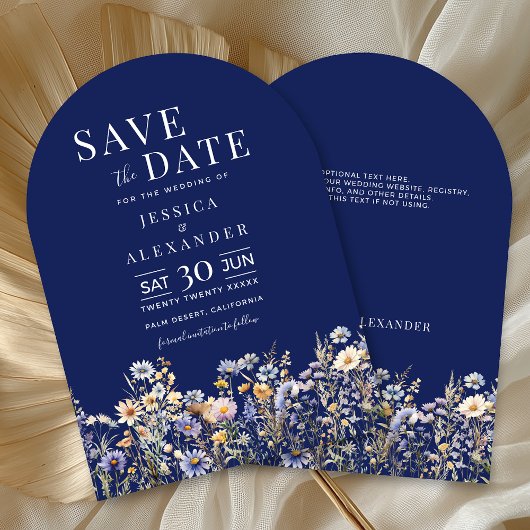 Dusty Blue Wildflower Wedding Arch Navy Save Date Kaart