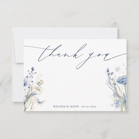 Dusty Blue Wildflower Wedding Dank je wel kaart (Voorkant)